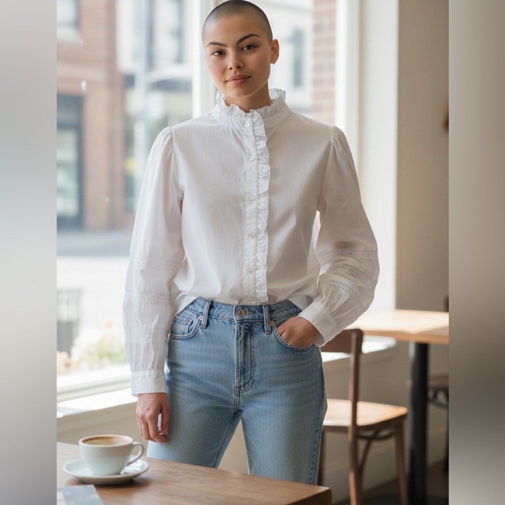 Hester & Orchard NY Women's Ruffle Trim & lace sleeve button down White Blouse